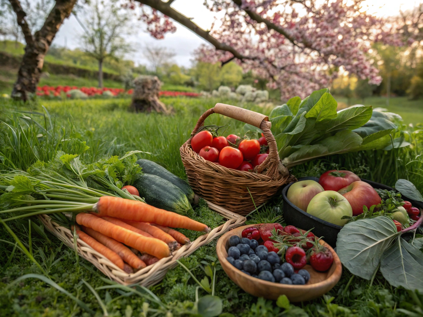 Diverse seizoensgroenten en -fruit in een natuurlijke setting