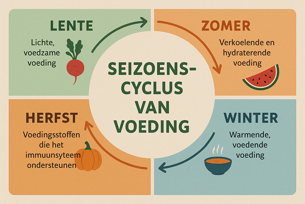 Infographic over de seizoenscyclus van voeding en wat ons lichaam nodig heeft in elk seizoen